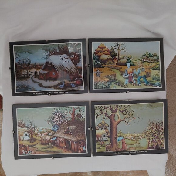 4 Vintage 1980s Framed Foil Art Pictures Volkswanderung StelzfuB St Wendel - Picture 1 of 10